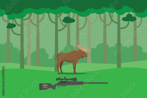 moose hunter illustration in the bush forest tree with rifle vector illustration