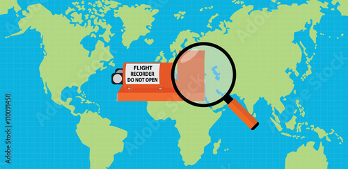 searching flight recorder black box with map as background and magnifying glass