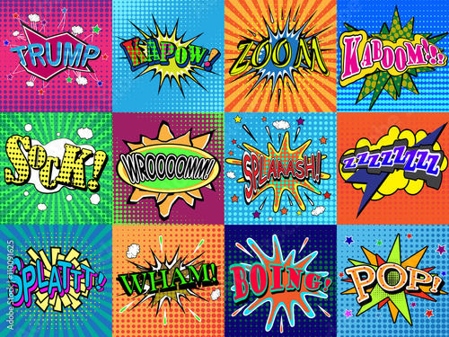 Boom! wording in comic speech bubble in pop art style on burst background