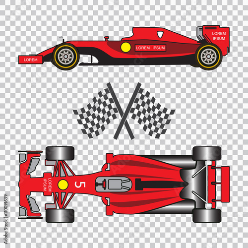 Red racing car with sport flags isolated on checkered background. Top view and side view. Vector illustration