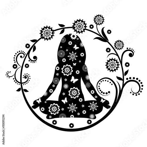 Black silhouette of meditating woman. Flowers and butterflies. Decorative round frame.