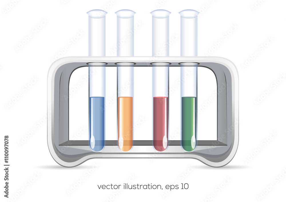 Chemical flasks with multi-colored reagents. Test tubes isolated on white background. Design element for chemical lab. Vector illustration