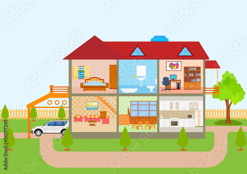 House in cut view with detailed interior and furniture