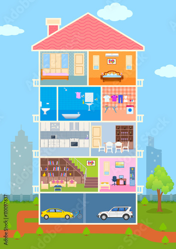 House in cut view with detailed interior and furniture