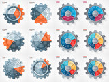 Vector business and industry gear style circle infographic set for graphs, charts, diagrams. Pie chart, cycle chart, round chart templates with 3, 4, 5, 6, 7, 8 options, parts, steps, processes. 