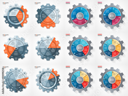 Vector business and industry gear style circle infographic set for graphs, charts, diagrams. Pie chart, cycle chart, round chart templates with 3, 4, 5, 6, 7, 8 options, parts, steps, processes. 