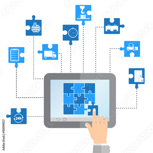 concept of logistics business, collected puzzles on laptop