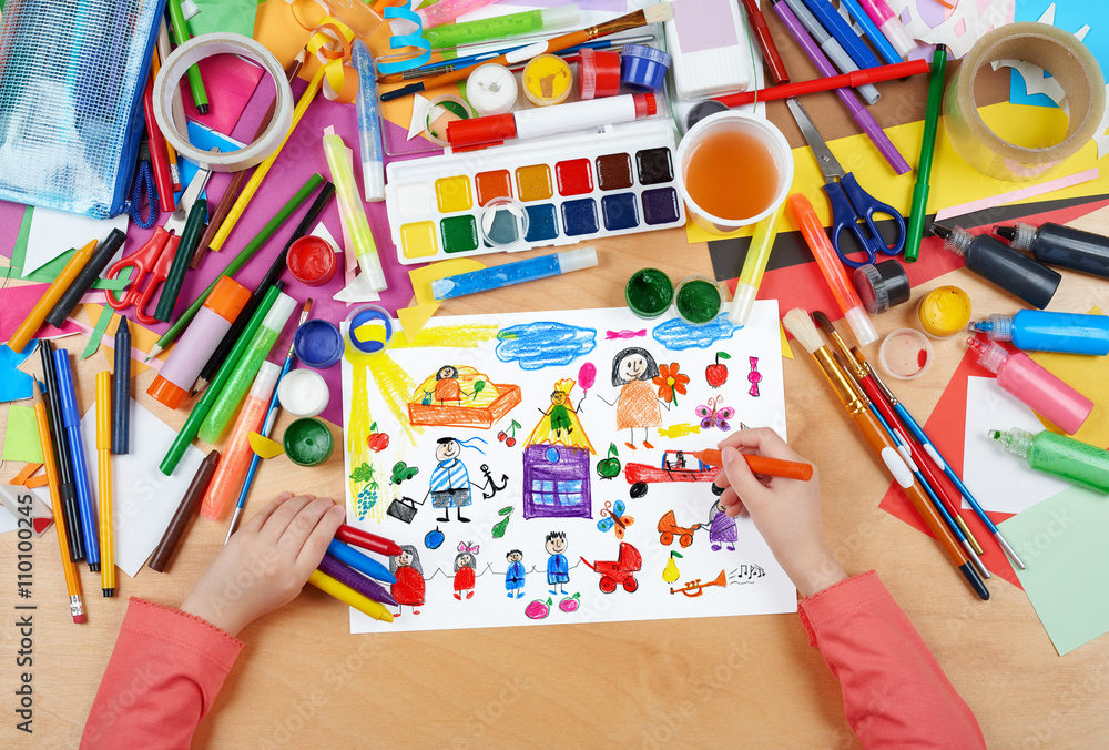 Fototapeta premium cartoon people happy lifestyle collection, child drawing, top view hands with pencil painting picture on paper, artwork workplace