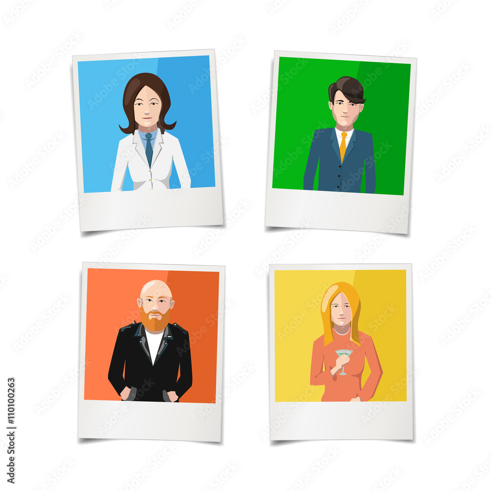 Four polaroid instant photos with flat portraits of people on colourful backgrounds Four polaroid instant photos with flat portraits of people on colourful backgrounds