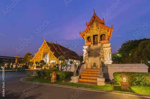 A hall for keeping the scripture of Wat Phra Singh temple at twilight. This temple contains supreme examples of Lanna art in the old city center of Chiang Mai Thailand.