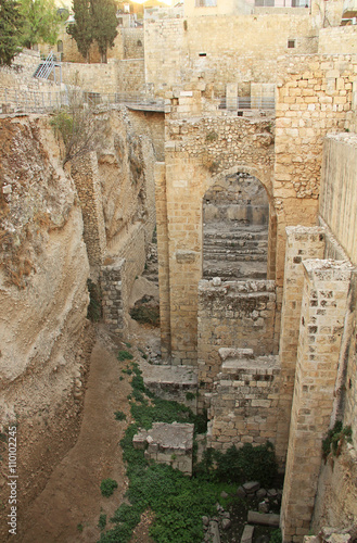 Excavated archeological ruins of the Pool of Bethesda and Byzantine Church.  Located in the Muslim Quarter in Old Jerusalem, Israel on the path of the Beth Zeta Valley. photo