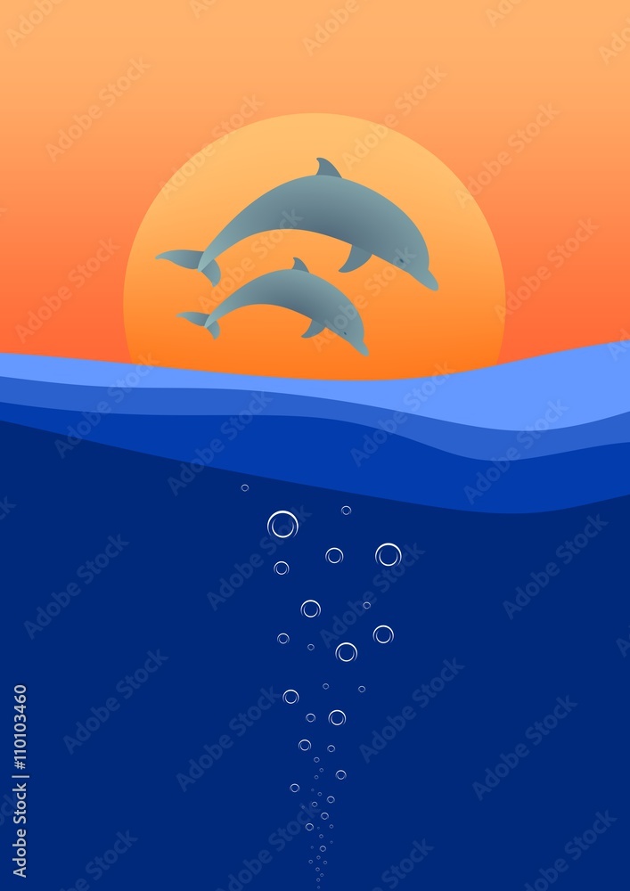 Fototapeta premium Romantic Summer Holiday landscape with sunset with blue waves on the sea surface with two jumping dolphins and orange sun on the horizon with bubbles rising to the surface