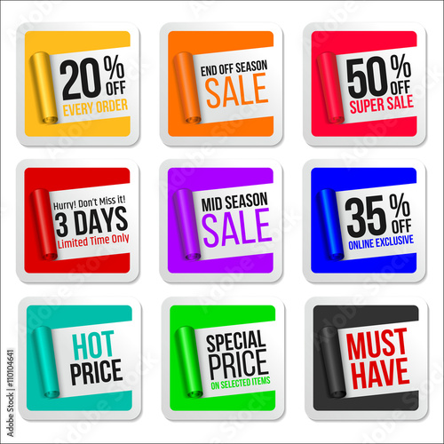 Promotional Colorful Sale Stickers Collection. Scroll Paper.