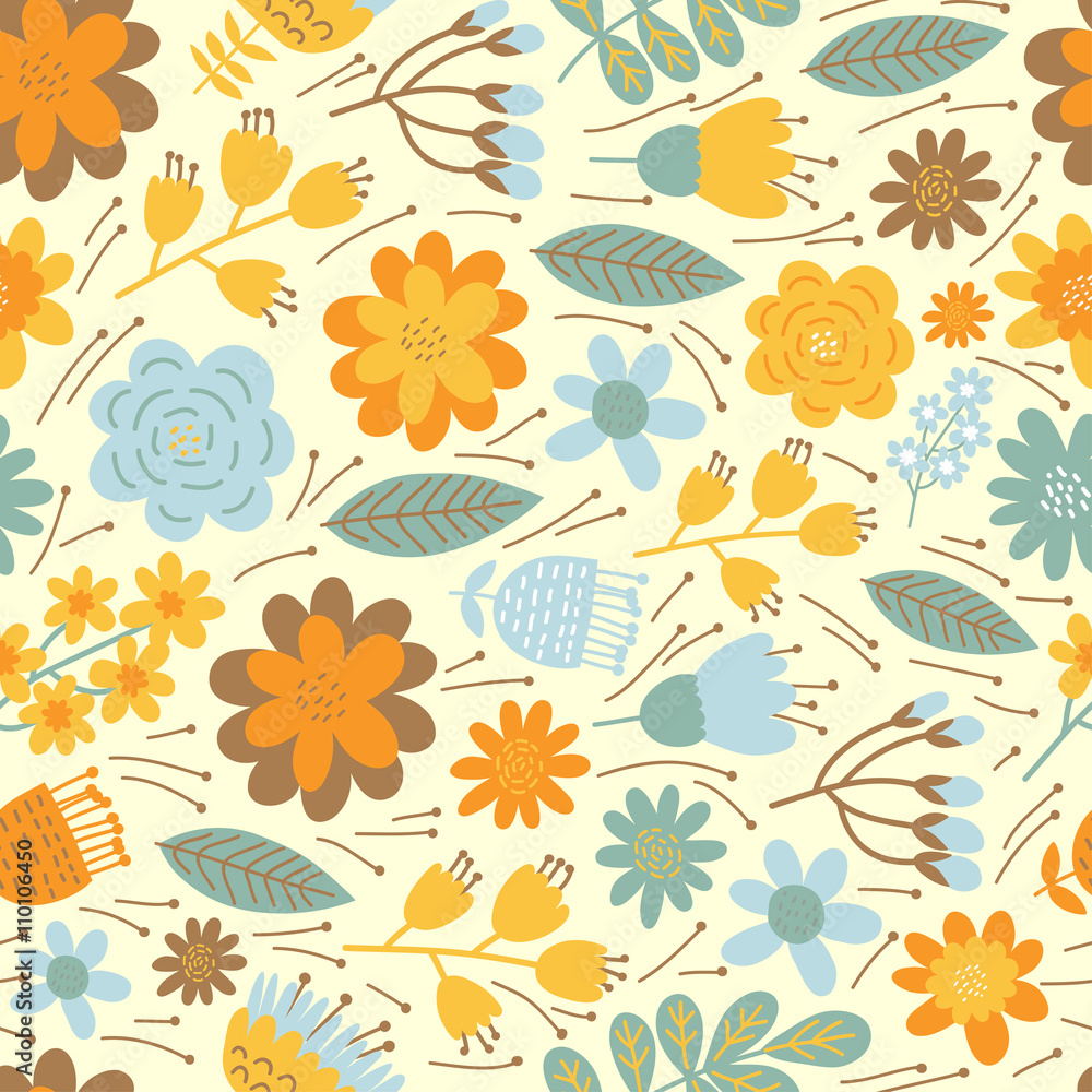 Vector floral pattern in doodle style with flowers and leaves. Gentle, spring floral background. Vector floral pattern in doodle style with flowers and leaves. Gentle, spring floral background.