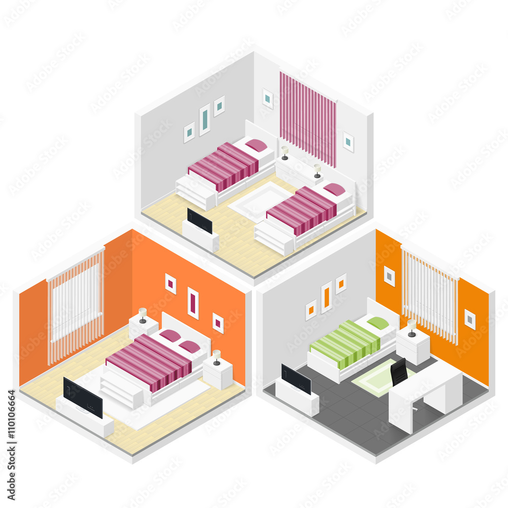 Bedrooms isometric icon set Bedrooms isometric icon set