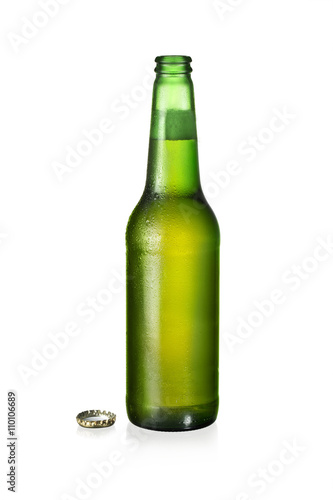 one bottle of fresh beer isolated on white background with cut path