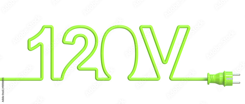 120 Volt concept from green wire and plug. 3D rendering 120 Volt concept from green wire and plug. 3D rendering