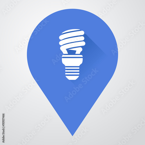 Icono plano localizacion con bombilla bajo consumo con sombra