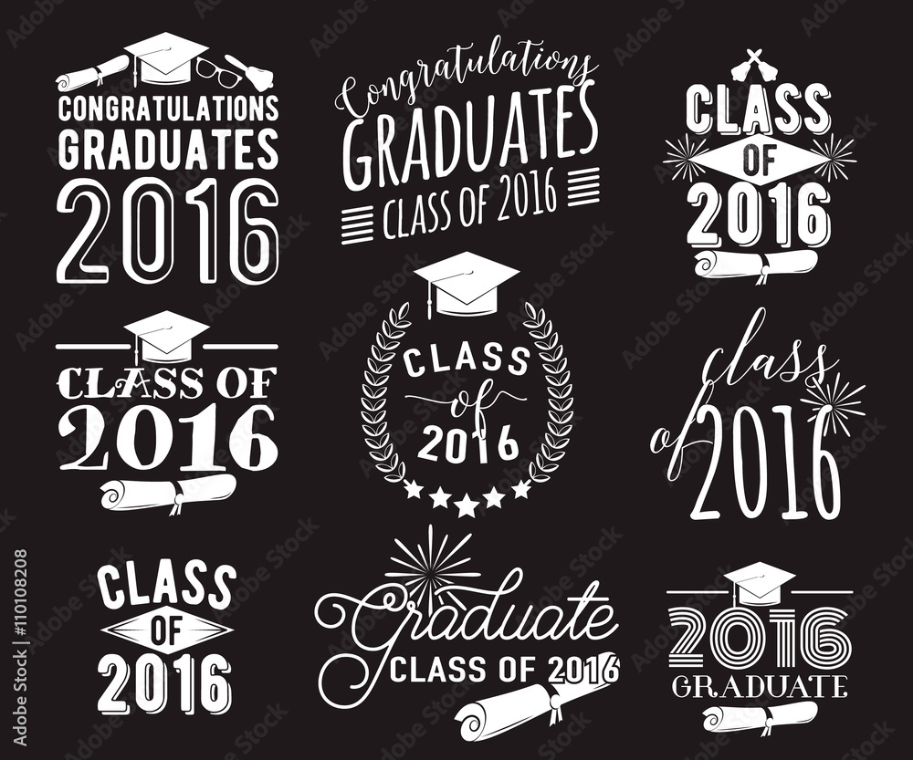 Graduation wishes overlays, lettering labels design set. Monochrome ...