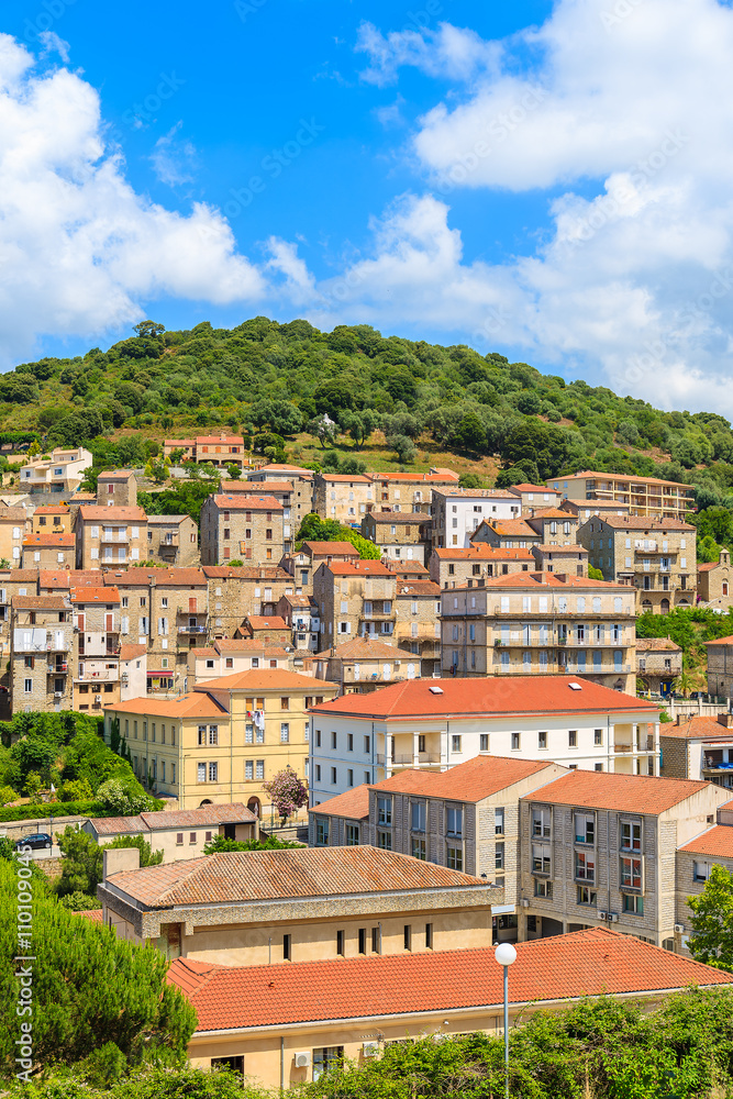 View of colorful houses in Sartene village built in traditional Corsican style in mountain landscape of Corsica island, France