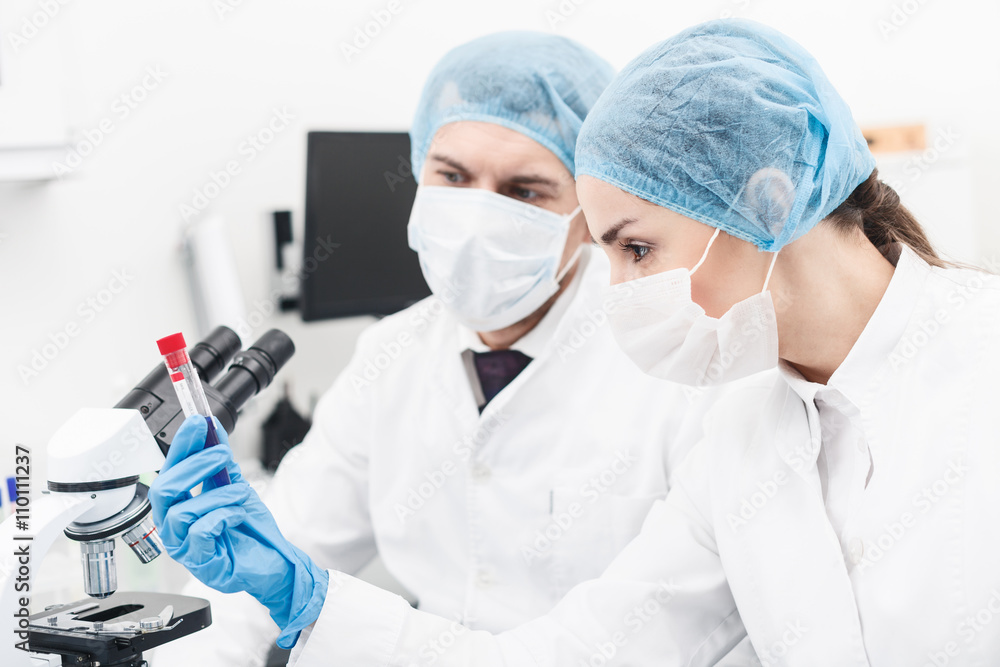 Skillful two scientists are working in laboratory Skillful two scientists are working in laboratory