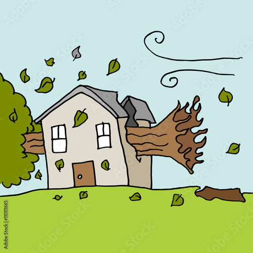 Tree falling on house on a  windy day
