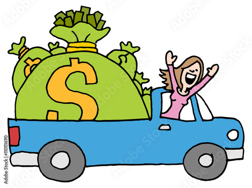 woman driving away with runaway savings money bag