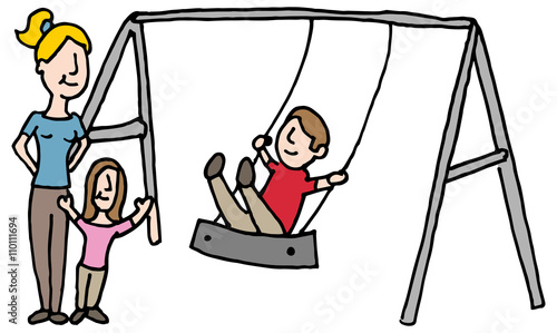 baby sitter with kids on swing set