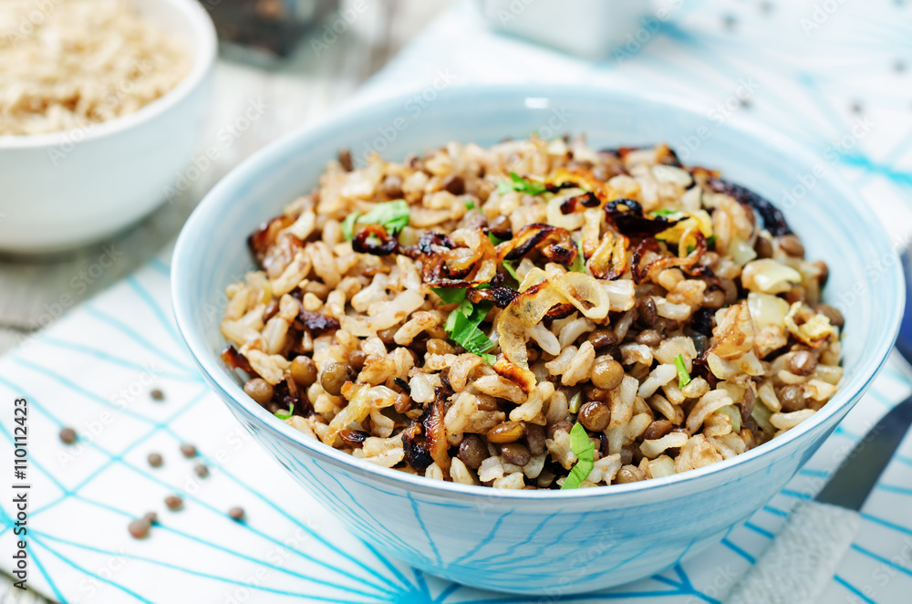 Lentils and rice with Crispy Onions and Parsley. Mujadara Lentils and rice with Crispy Onions and Parsley. Mujadara
