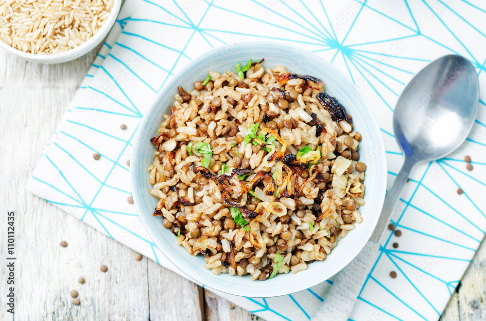 Lentils and rice with Crispy Onions and Parsley. Mujadara Lentils and rice with Crispy Onions and Parsley. Mujadara