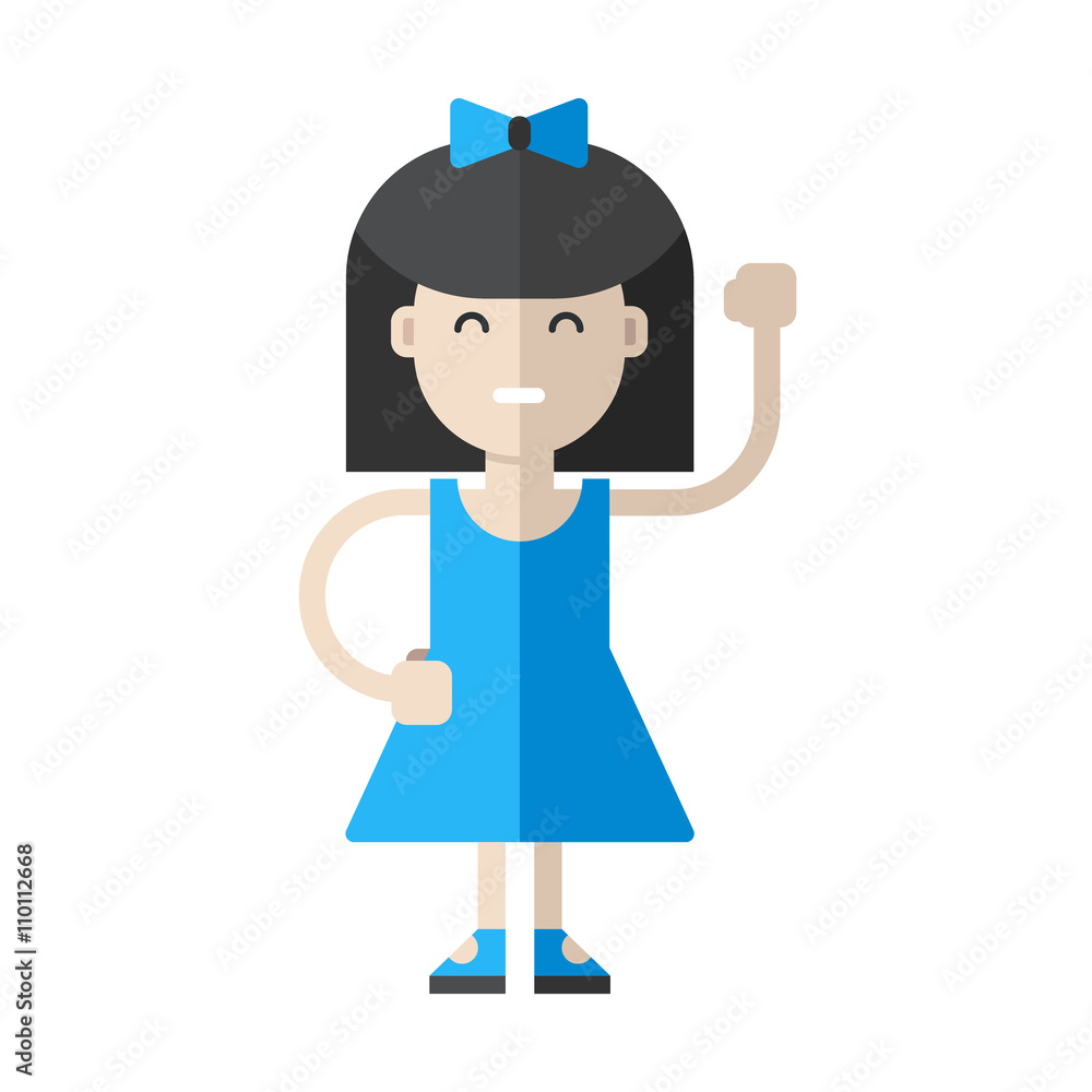 Young girl in blue dress. Flat vector illustration isolated on white background