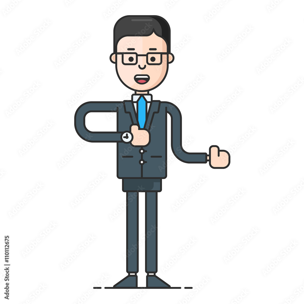 Businessman in formal suit and tie showing a direction. Flat vector illustration isolated on white background Businessman in formal suit and tie showing a direction. Flat vector illustration isolated on white background