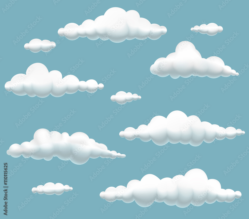vector illustration of collection cartoon clouds in the sky, spherical volumetric clouds on blue background, clouds set vector illustration of collection cartoon clouds in the sky, spherical volumetric clouds on blue background, clouds set