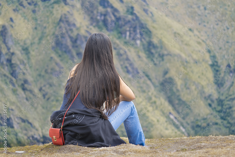Naklejka premium Back View Woman Contemplating the Landscape