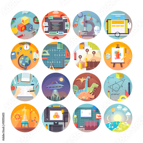 Education and science flat circle icons set.  Subjects and science disciplines. Vector icon collection. 