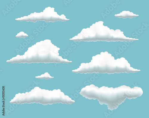 collection of clouds in summer blue sky, set of volumetric clouds on blue background, set of cartoon clouds