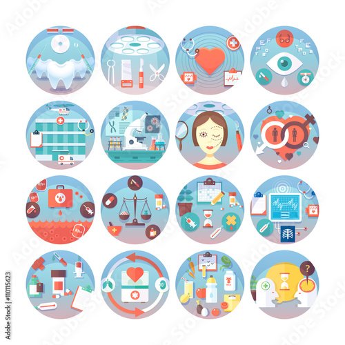 Medical flat circle icons set.  Kinds of medical services. Vector icon collection. 