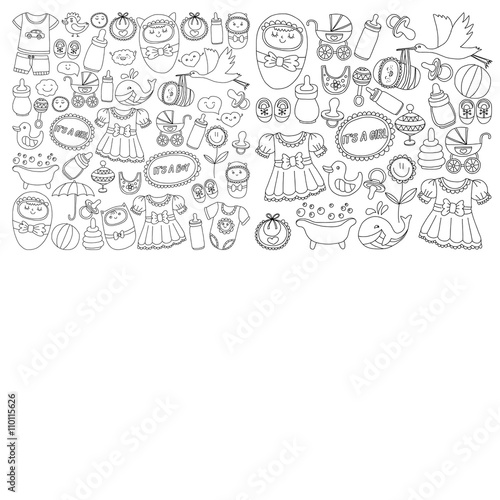 Fototapeta Naklejka Na Ścianę i Meble -  Baby icons Hand drawn doodle vector set