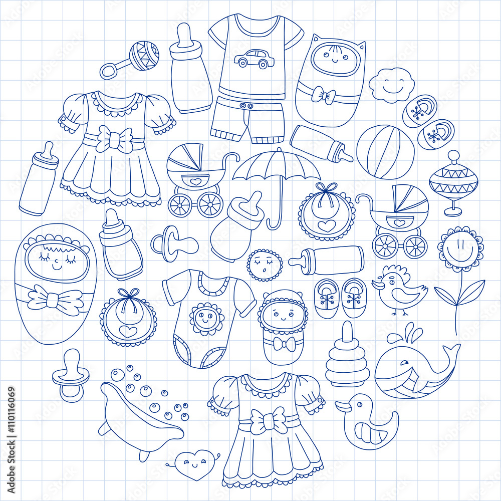 Baby icons Hand drawn doodle vector set Baby icons Hand drawn doodle vector set