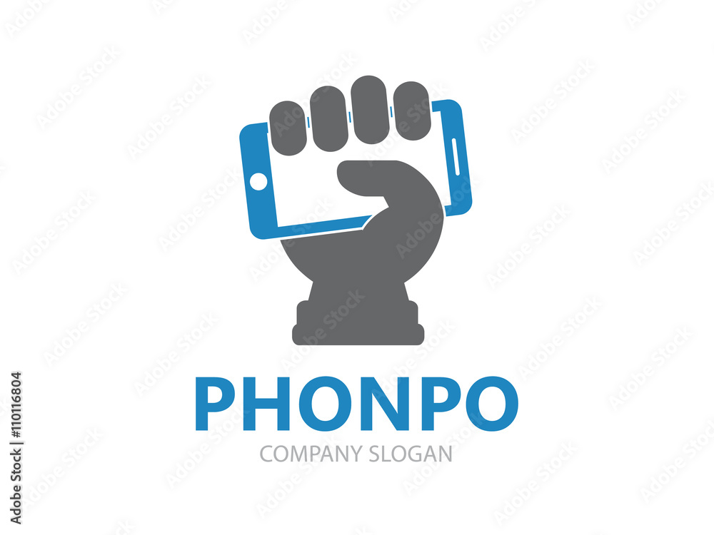 Vector hand with phone logo design template. Mobile phone logo. Phone shop logo. Social logo. Technology logo. Vector logo template. Vector hand with phone logo design template. Mobile phone logo. Phone shop logo. Social logo. Technology logo. Vector logo template.