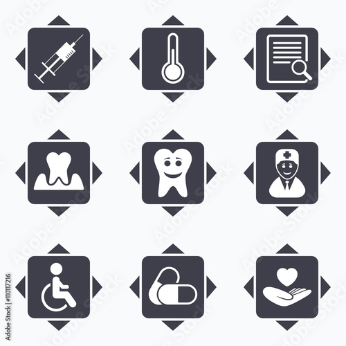 Medicine, medical health and diagnosis icons.