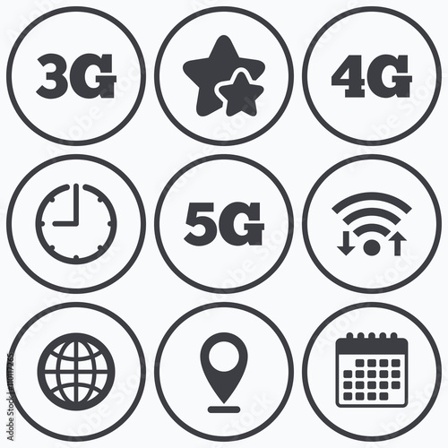 Mobile telecommunications icons. 3G, 4G and 5G. © blankstock