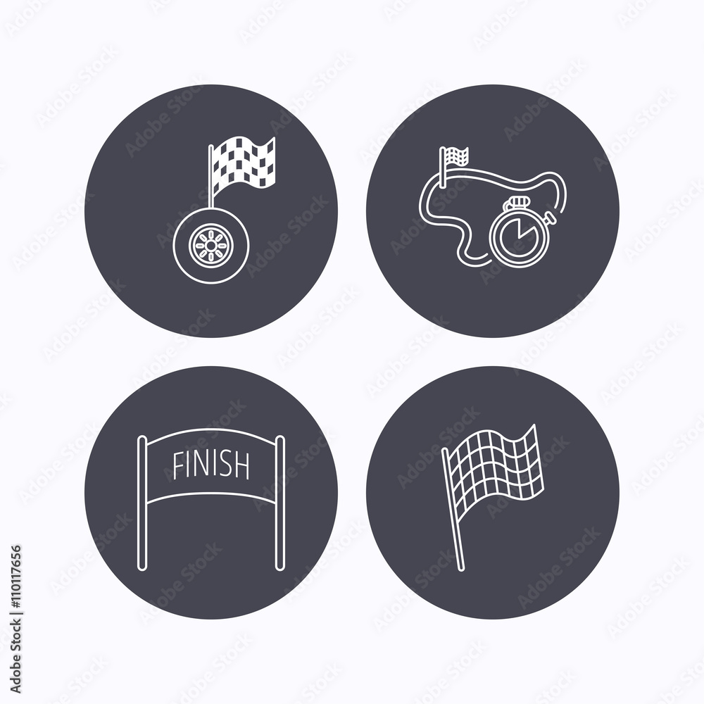 Finish flag, race timer and wheel icons. Finish flag, race timer and wheel icons.