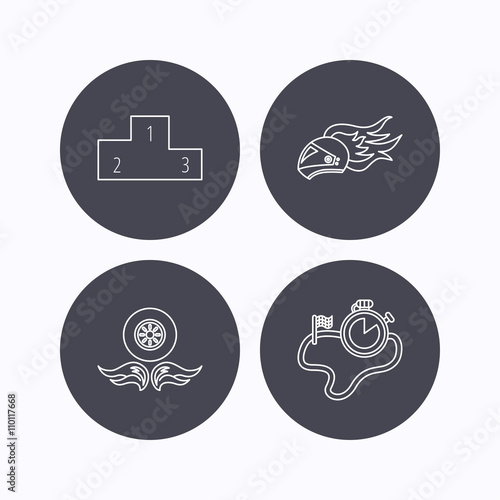 Winner podium, race timer and wheel on fire.