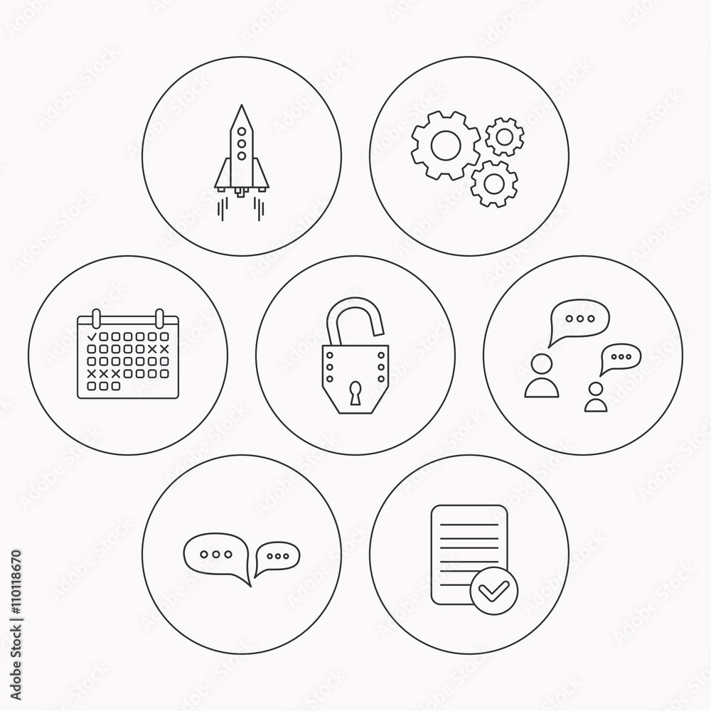 Fototapeta premium Rocket, chat speech bubble and open lock icons.