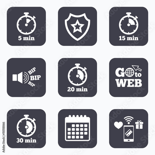 Timer icons. Five minutes stopwatch symbol.