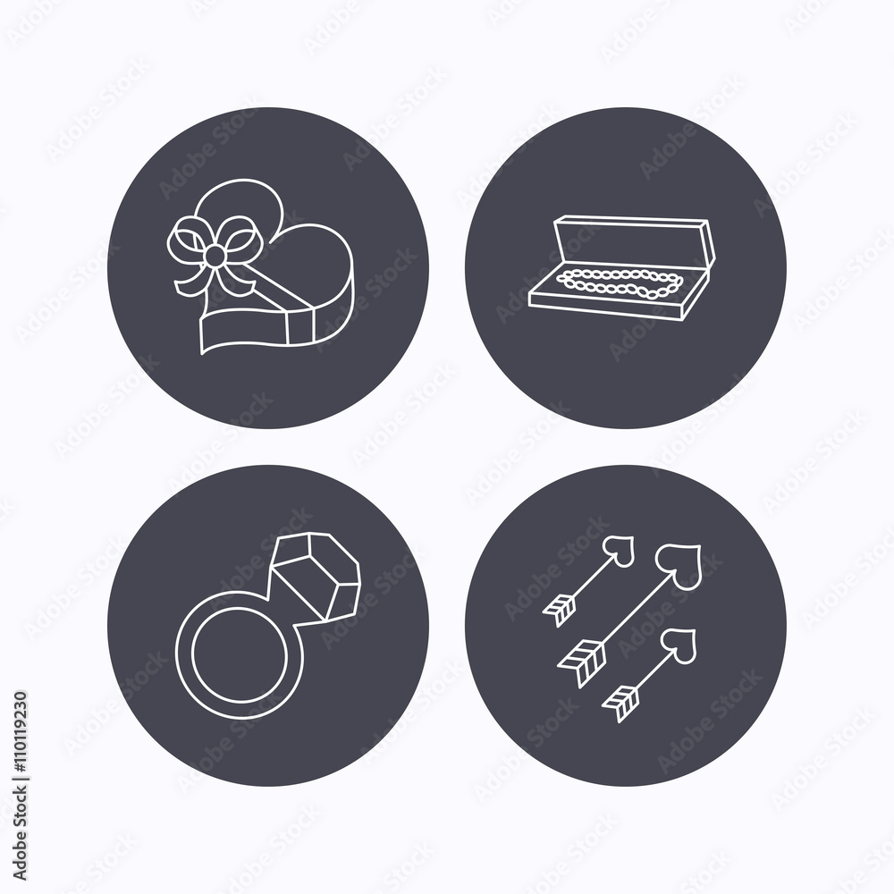 Jewelry, gift box and wedding ring icons. Jewelry, gift box and wedding ring icons.