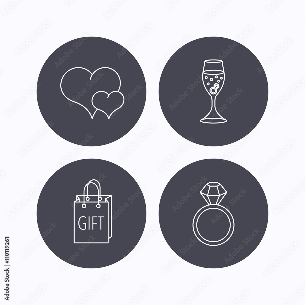 Love heart, gift bag and wedding ring icons. - obrazy, fototapety, plakaty 