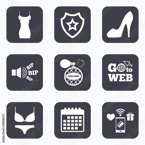 Women dress icon. Sexy shoe sign. Perfume.