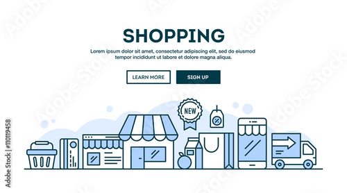 Online shopping, concept header, flat design thin line style